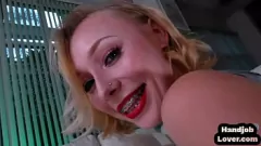 Play Dirty Talking Teenager with Small Tits Gives Intense Oil-Covered Handjob in POV